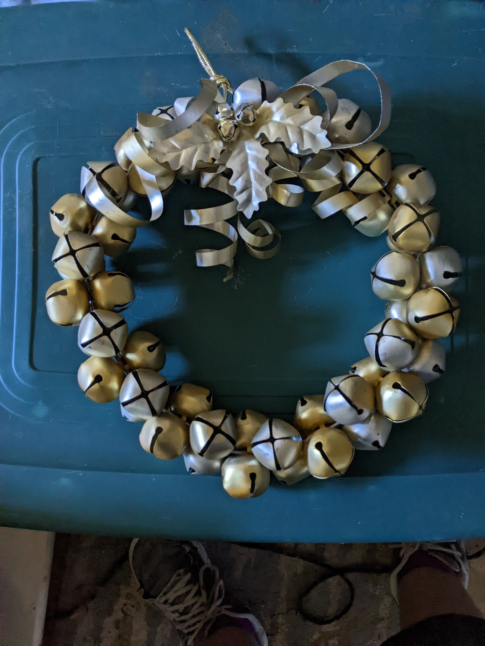 Festive Gold Bell Wreath with Ribbon